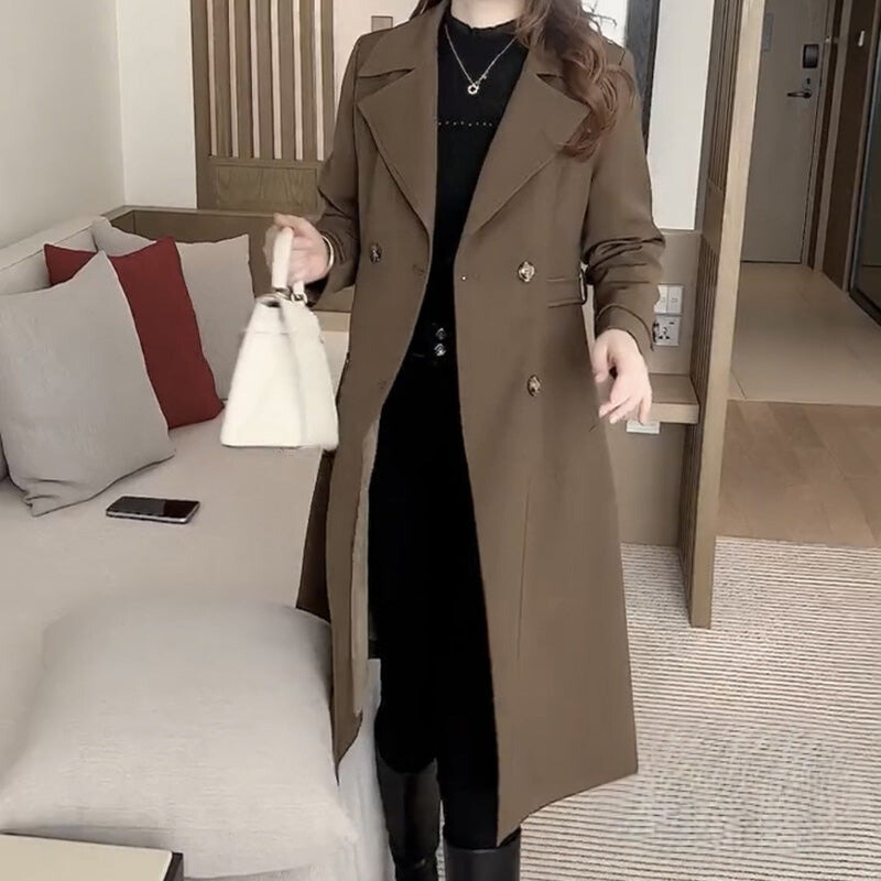 Trench-coat femme élégant d’automne en mélange de laine, à double boutonnage