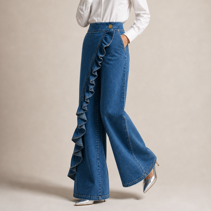 Jean femme en coton à taille haute et jambes larges, pour l’automne