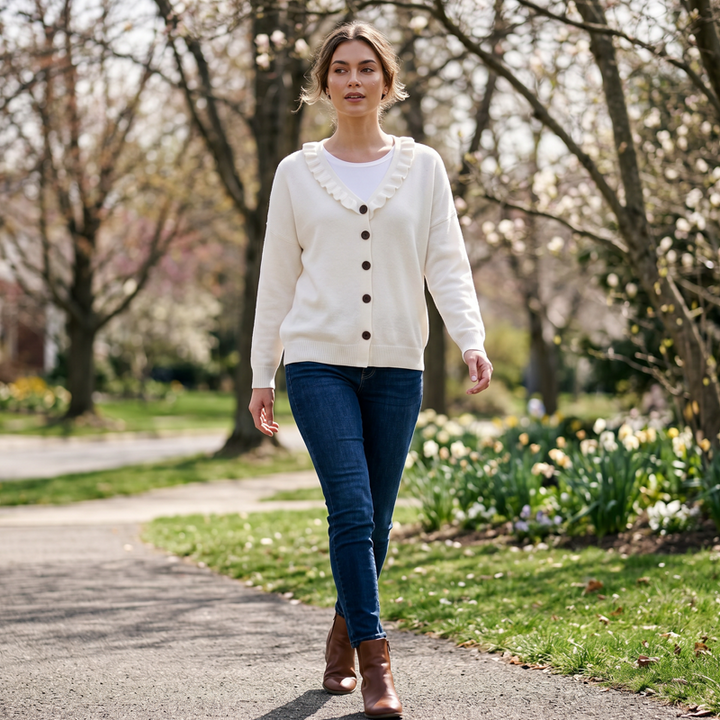 Women's knit cardigan with a ruffled collar and buttons, lightweight and comfortable for autumn