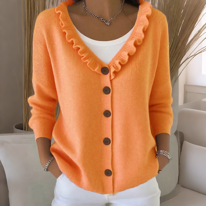 Women's knit cardigan with a ruffled collar and buttons, lightweight and comfortable for autumn