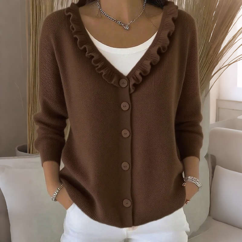 Women's knit cardigan with a ruffled collar and buttons, lightweight and comfortable for autumn