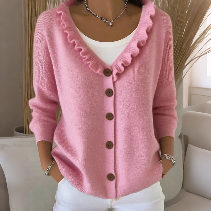 Women's knit cardigan with a ruffled collar and buttons, lightweight and comfortable for autumn