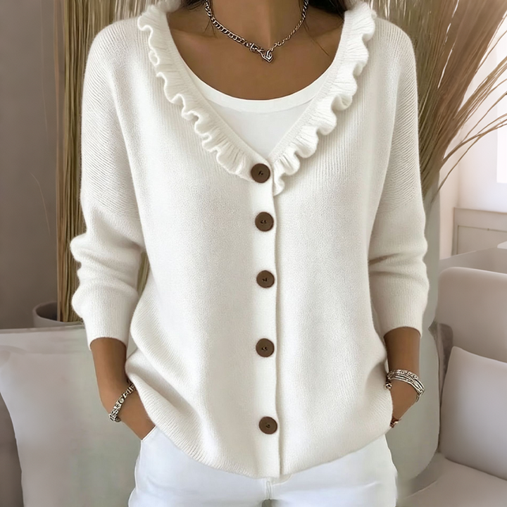 Women's knit cardigan with a ruffled collar and buttons, lightweight and comfortable for autumn