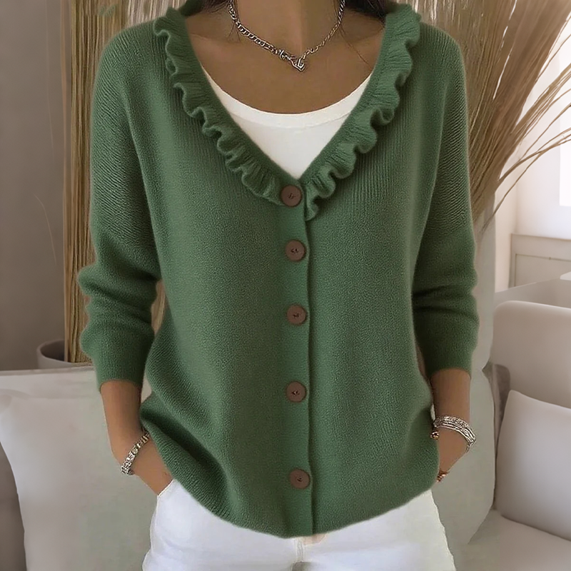 Women's knit cardigan with a ruffled collar and buttons, lightweight and comfortable for autumn