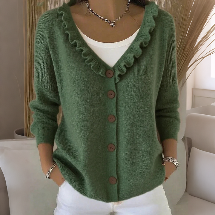Women's knit cardigan with a ruffled collar and buttons, lightweight and comfortable for autumn
