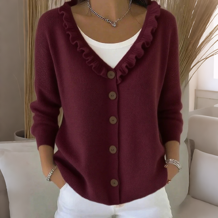 Women's knit cardigan with a ruffled collar and buttons, lightweight and comfortable for autumn