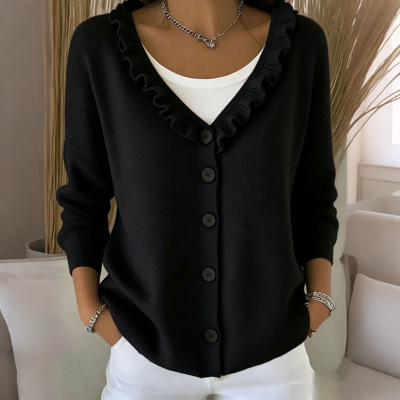 Women's knit cardigan with a ruffled collar and buttons, lightweight and comfortable for autumn