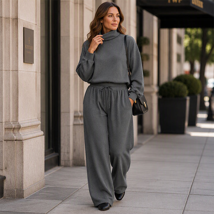 Ensemble de survêtement pour femme en maille avec col roulé et pantalon large pour l’automne