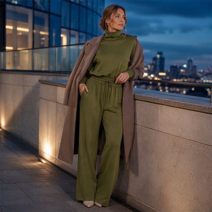 Ensemble de survêtement pour femme en maille avec col roulé et pantalon large pour l’automne