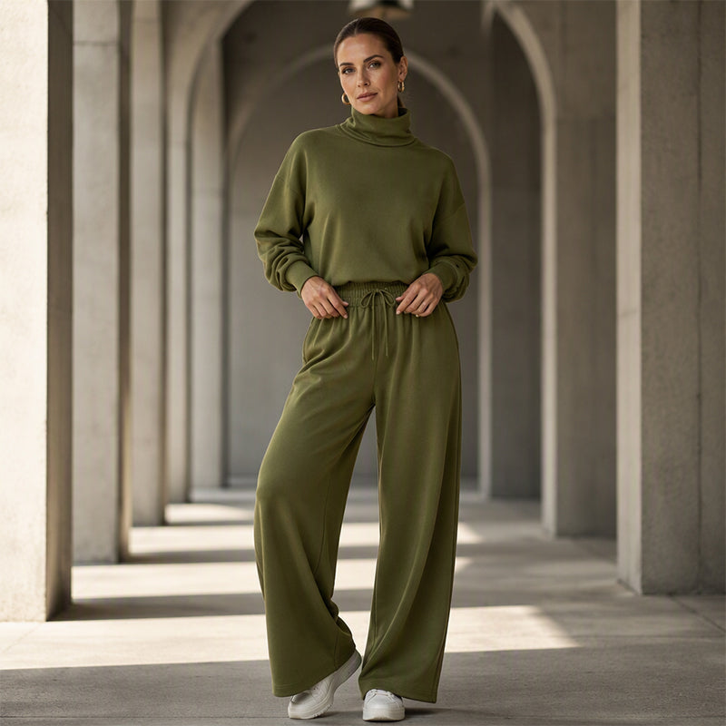 Ensemble de survêtement pour femme en maille avec col roulé et pantalon large pour l’automne