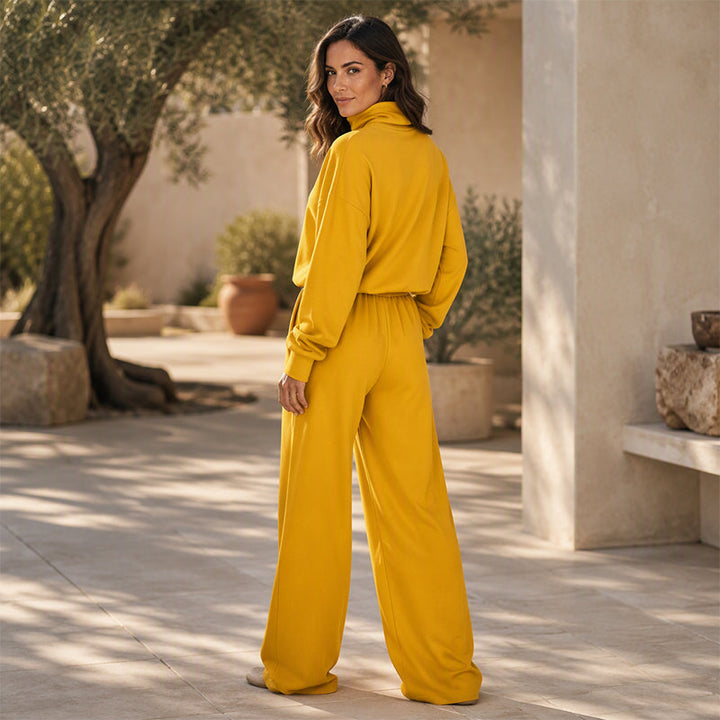 Ensemble de survêtement pour femme en maille avec col roulé et pantalon large pour l’automne