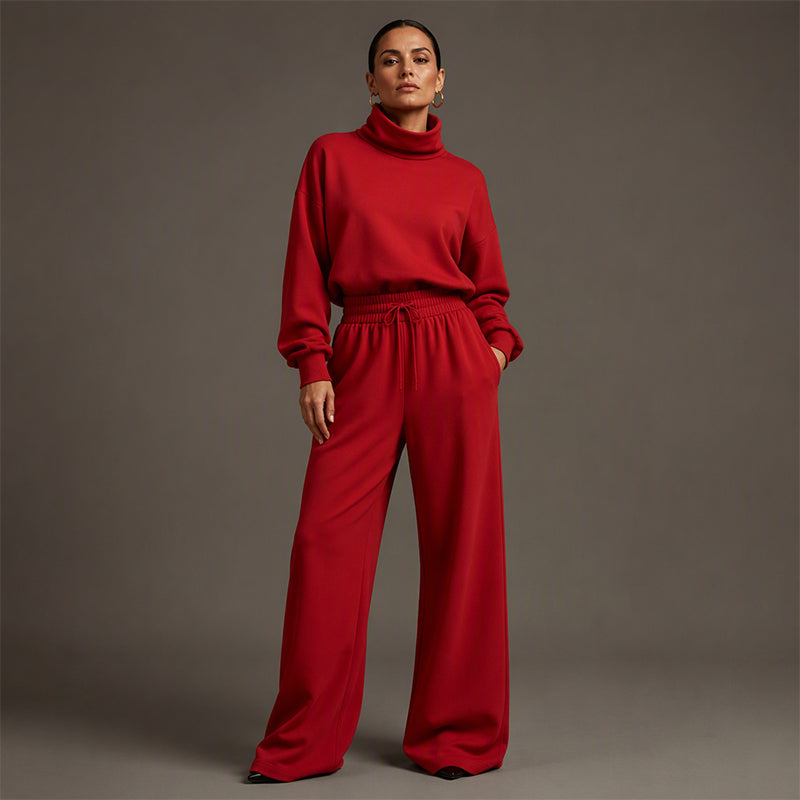 Ensemble de survêtement pour femme en maille avec col roulé et pantalon large pour l’automne