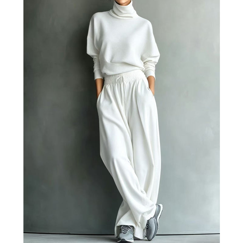Ensemble de survêtement pour femme en maille avec col roulé et pantalon large pour l’automne