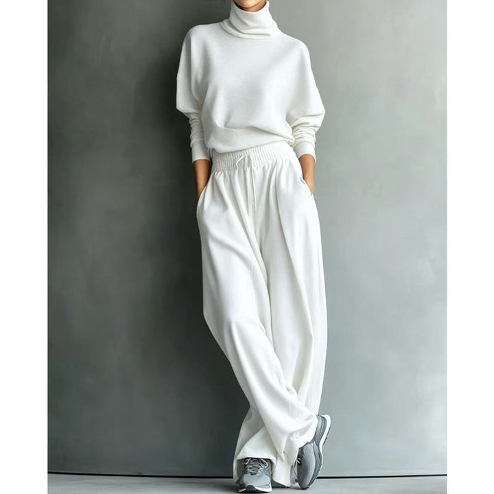 Ensemble de survêtement pour femme en maille avec col roulé et pantalon large pour l’automne