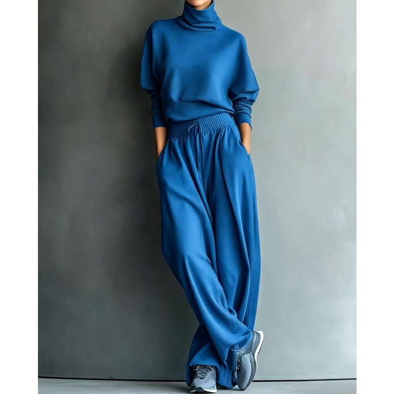 Ensemble de survêtement pour femme en maille avec col roulé et pantalon large pour l’automne