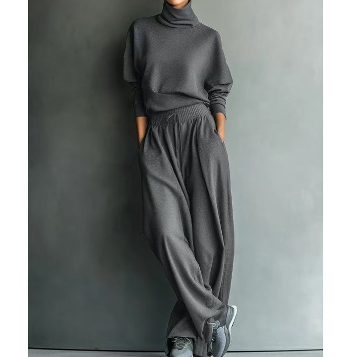 Ensemble de survêtement pour femme en maille avec col roulé et pantalon large pour l’automne