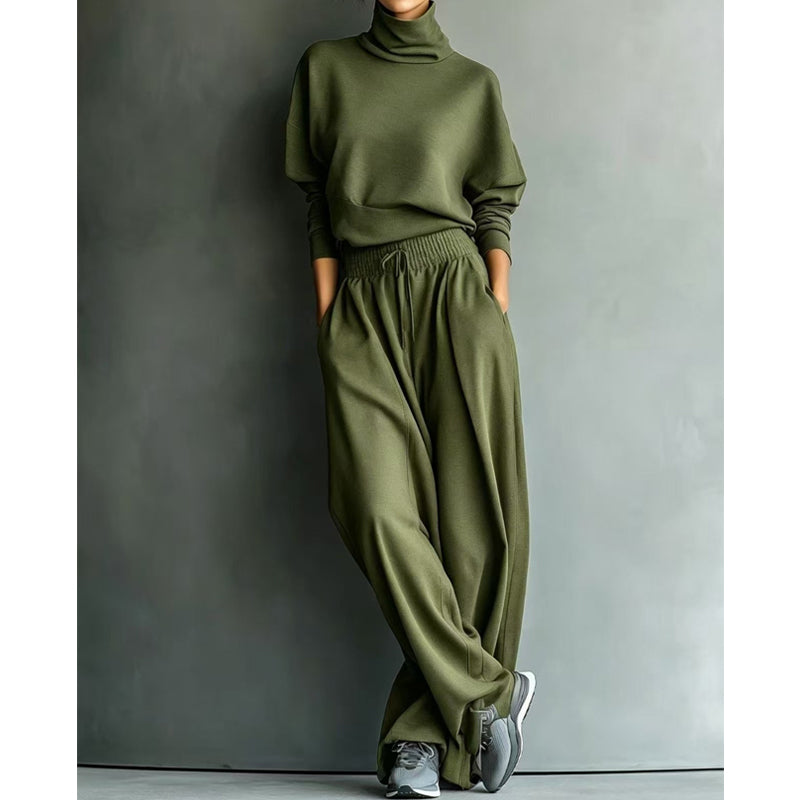 Ensemble de survêtement pour femme en maille avec col roulé et pantalon large pour l’automne