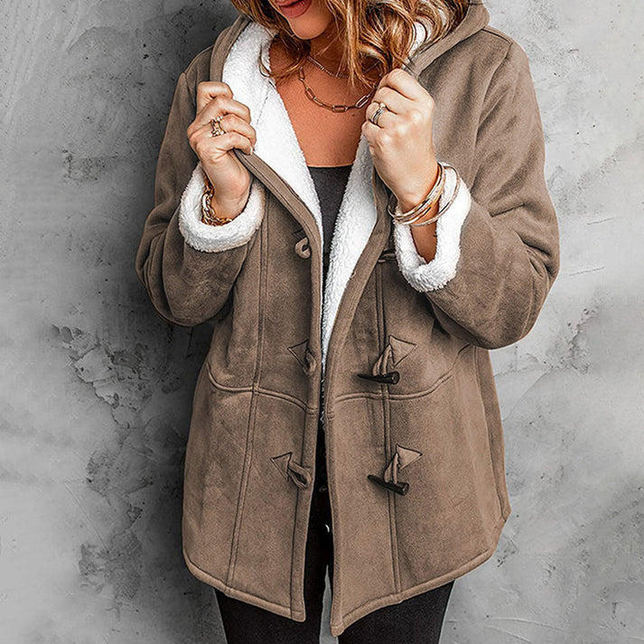 Manteau duffle-coat femme à capuche doublé sherpa en suédine, manteau d'hiver chaud et ample