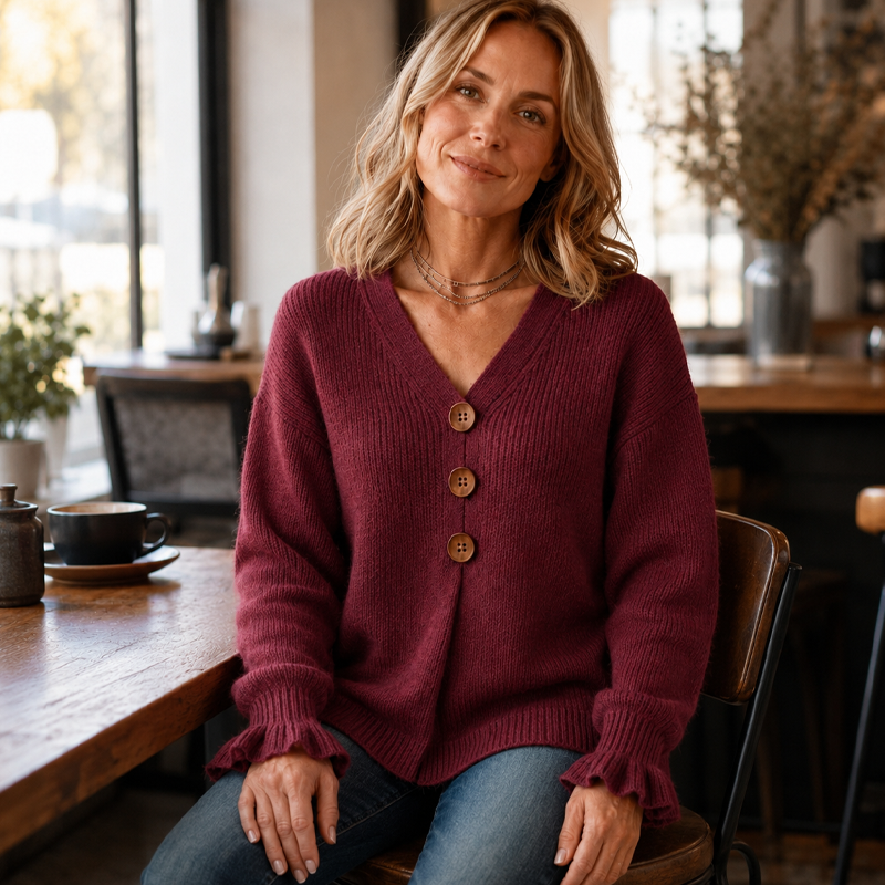 Women's V-neck ribbed-knit sweater with buttons and ruffled cuffs, loose-fitting pullover for autumn