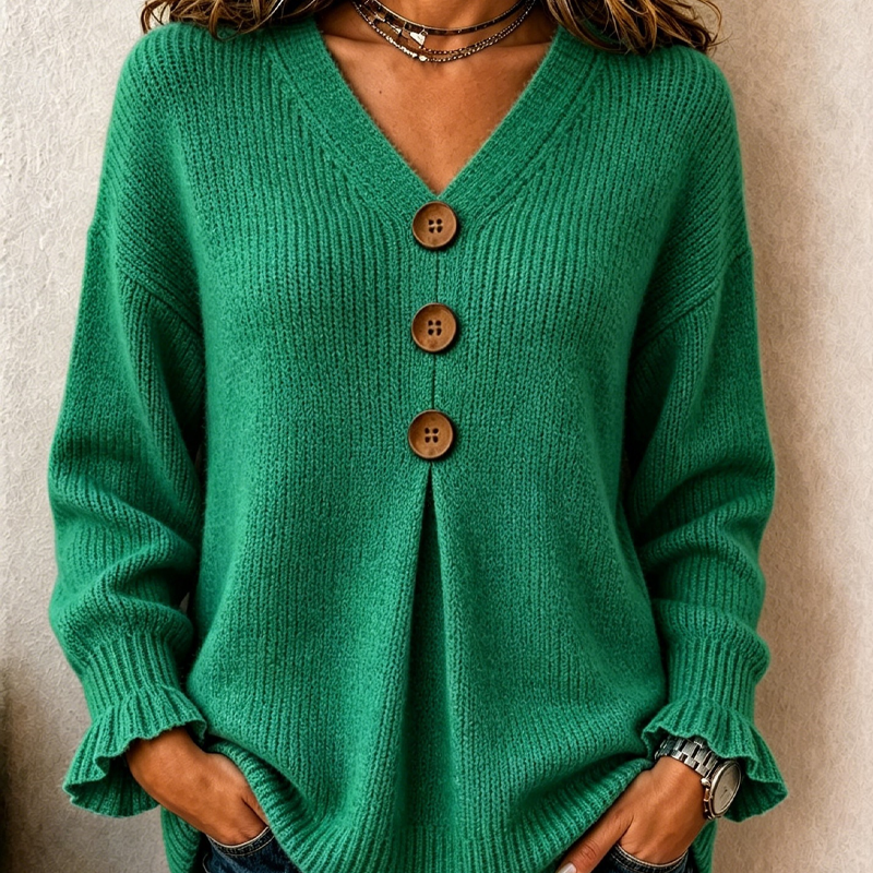 Women's V-neck ribbed-knit sweater with buttons and ruffled cuffs, loose-fitting pullover for autumn