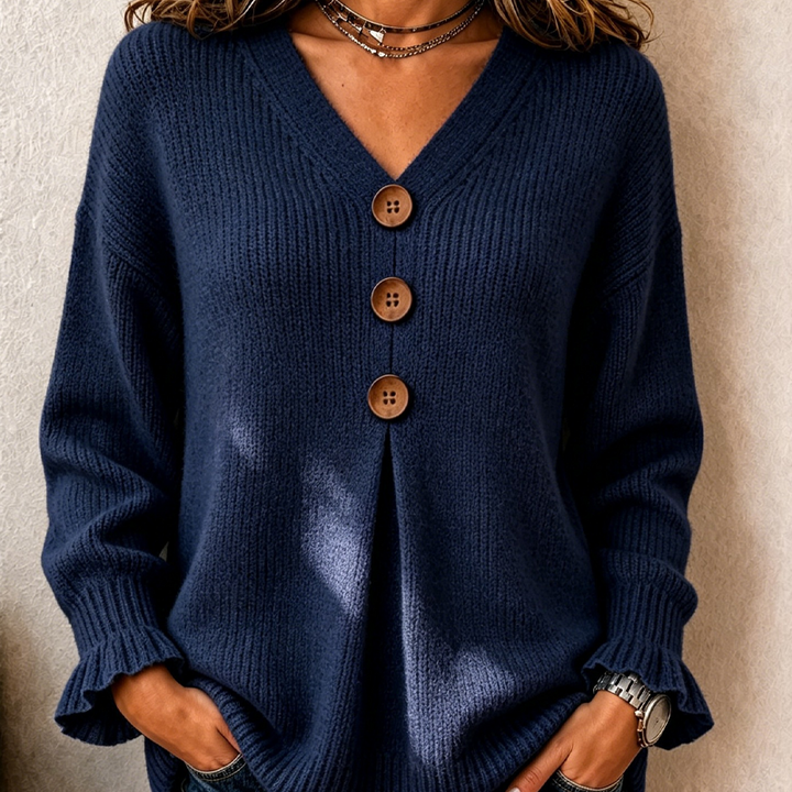 Women's V-neck ribbed-knit sweater with buttons and ruffled cuffs, loose-fitting pullover for autumn