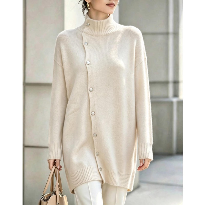 Pull long femme col roulé en maille avec boutons asymétriques, pull tunique pour l'hiver