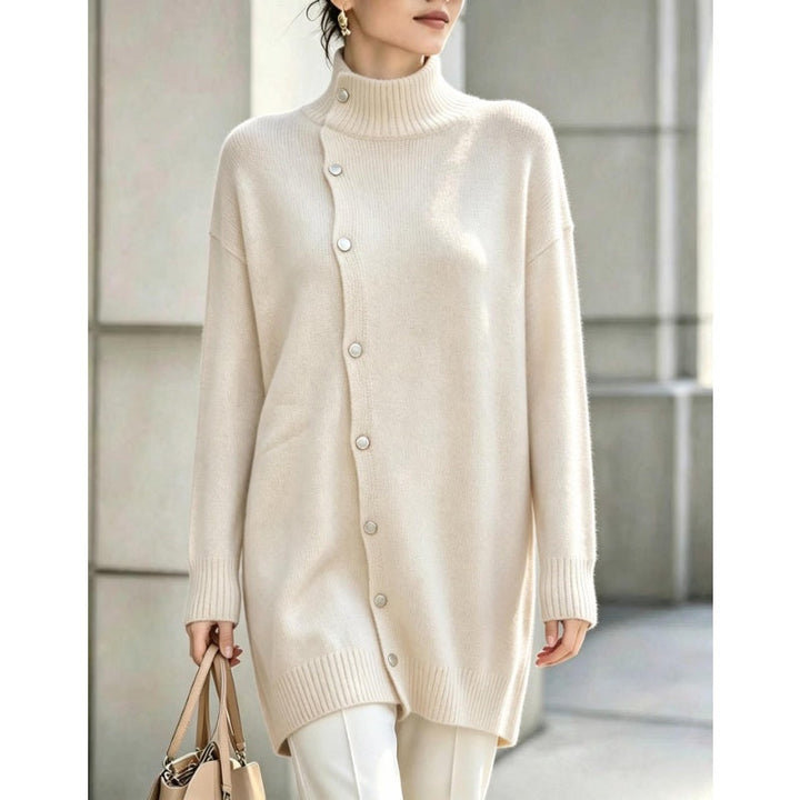 Pull long femme col roulé en maille avec boutons asymétriques, pull tunique pour l'hiver