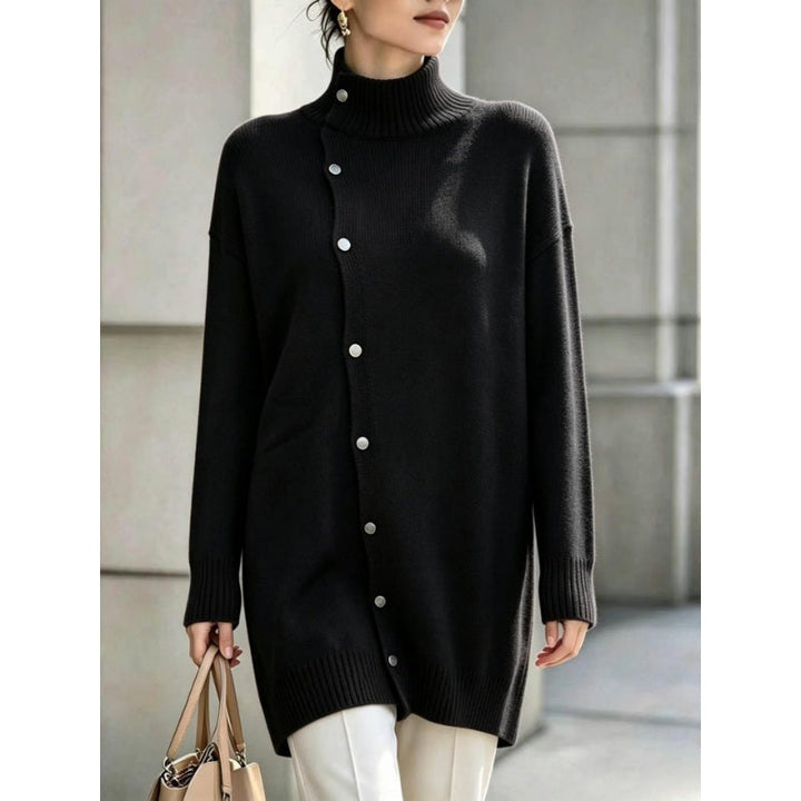 Pull long femme col roulé en maille avec boutons asymétriques, pull tunique pour l'hiver