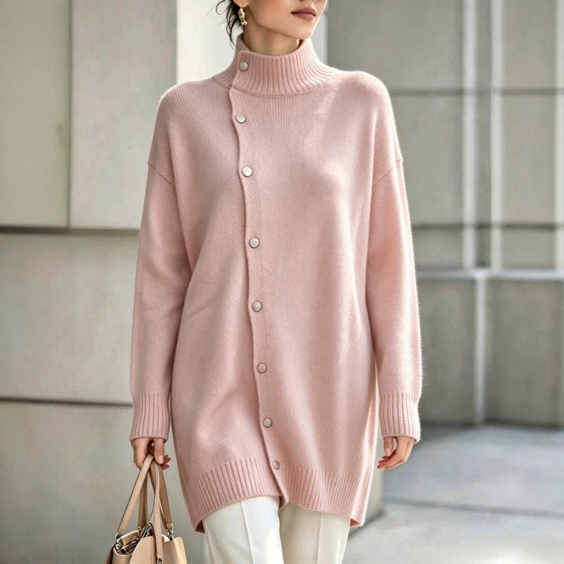 Pull long femme col roulé en maille avec boutons asymétriques, pull tunique pour l'hiver