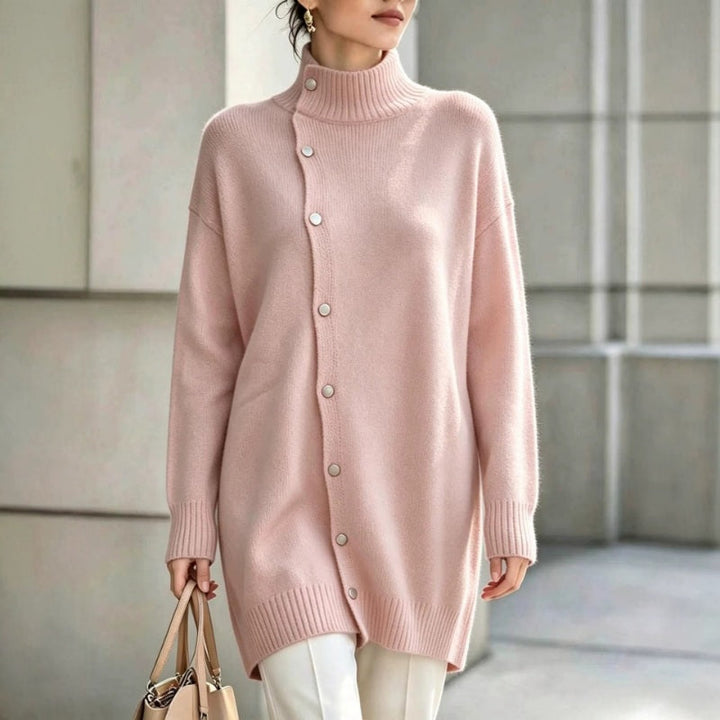 Pull long femme col roulé en maille avec boutons asymétriques, pull tunique pour l'hiver