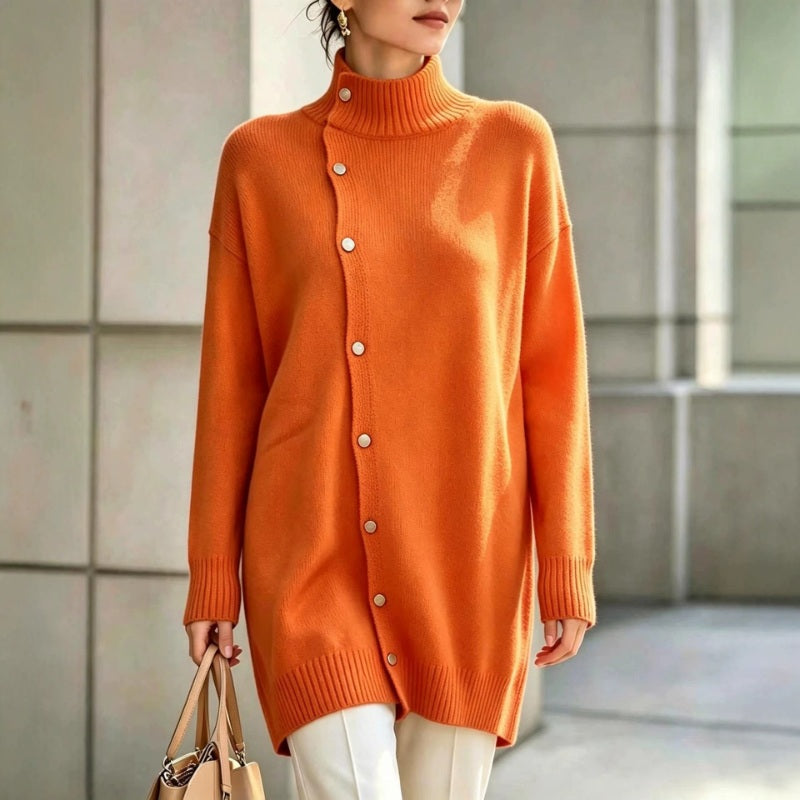 Pull long femme col roulé en maille avec boutons asymétriques, pull tunique pour l'hiver