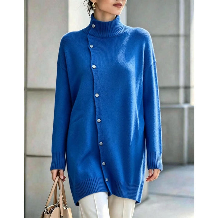 Pull long femme col roulé en maille avec boutons asymétriques, pull tunique pour l'hiver