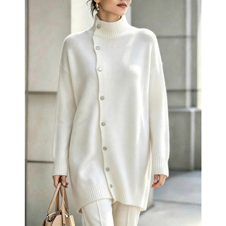 Pull long femme col roulé en maille avec boutons asymétriques, pull tunique pour l'hiver