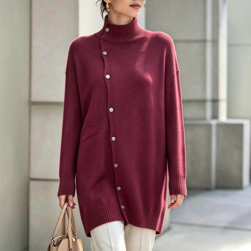 Pull long femme col roulé en maille avec boutons asymétriques, pull tunique pour l'hiver