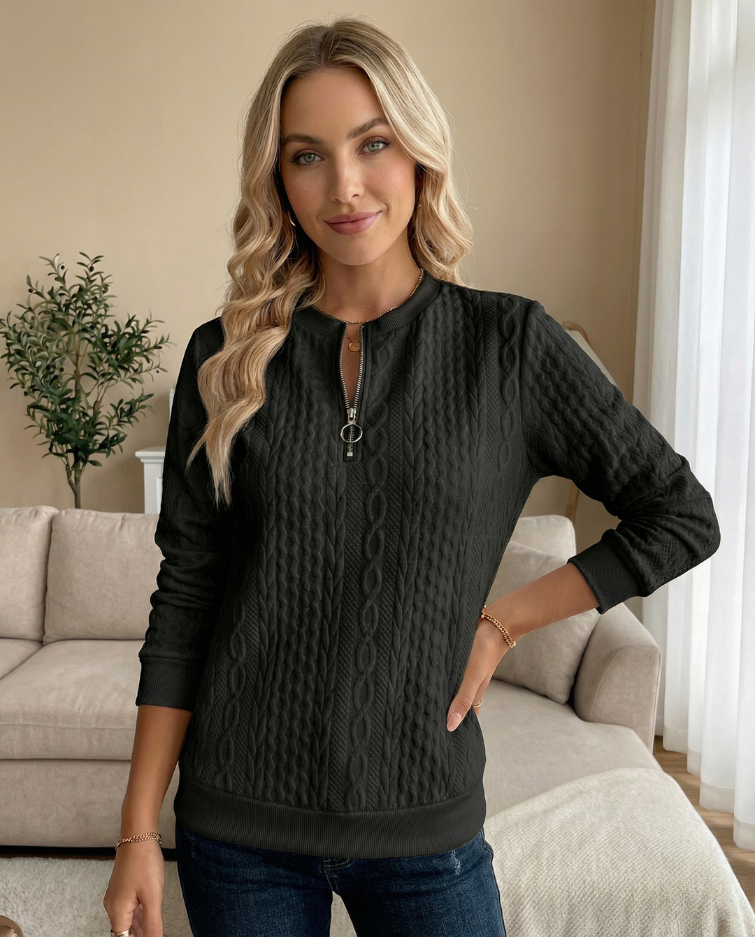 Women's textured zip-up sweatshirt for autumn and everyday outfits