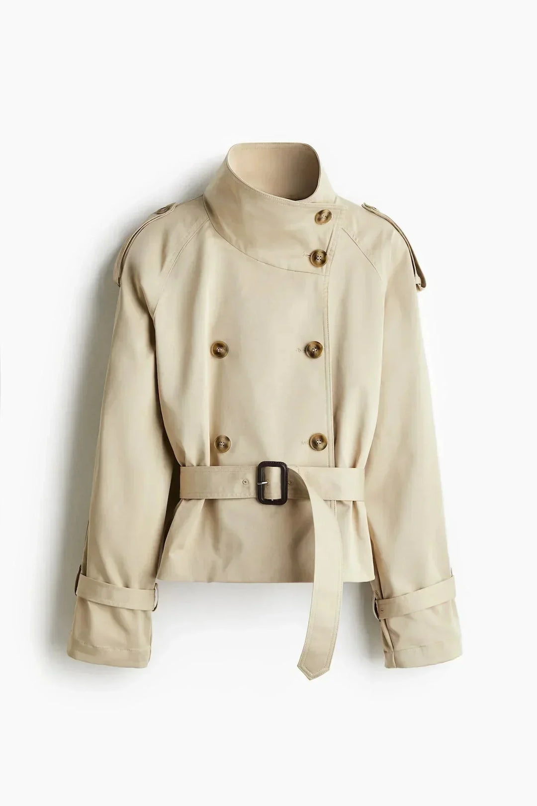 Elegant women’s trench coat with a stand-up collar and tie belt for autumn