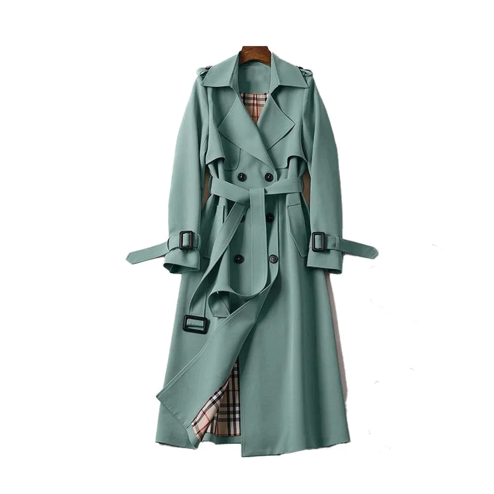 Long trench-style women’s coat with a belt and elegant notched collar for autumn