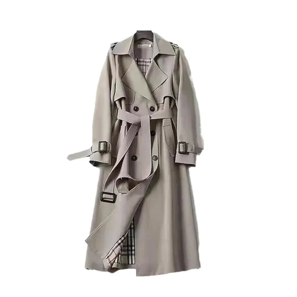 Long trench-style women’s coat with a belt and elegant notched collar for autumn