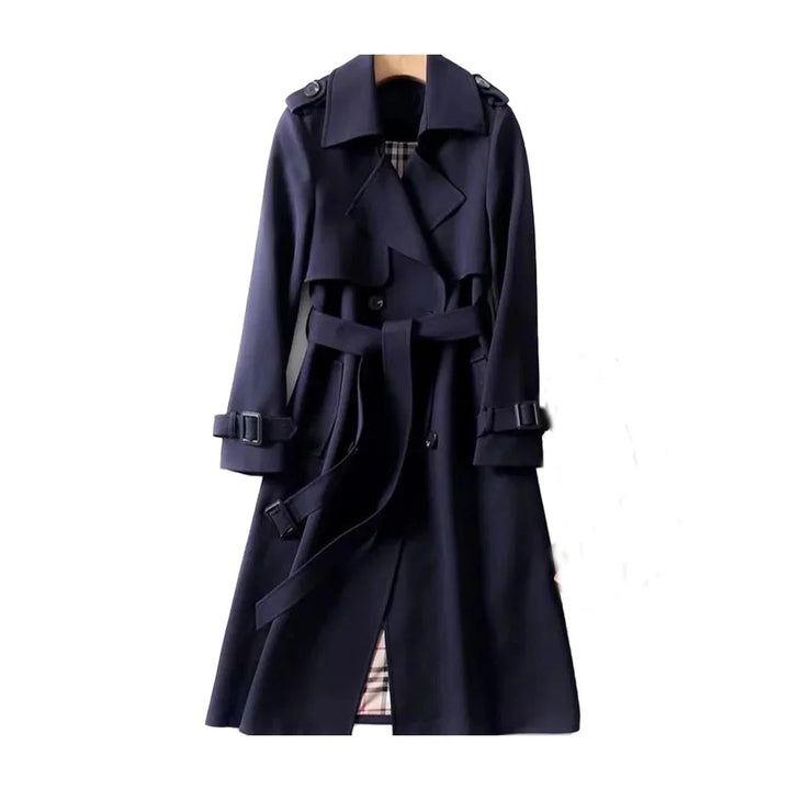 Long trench-style women’s coat with a belt and elegant notched collar for autumn