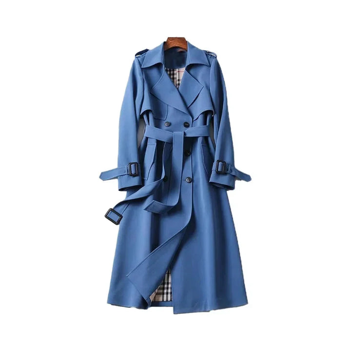 Long trench-style women’s coat with a belt and elegant notched collar for autumn