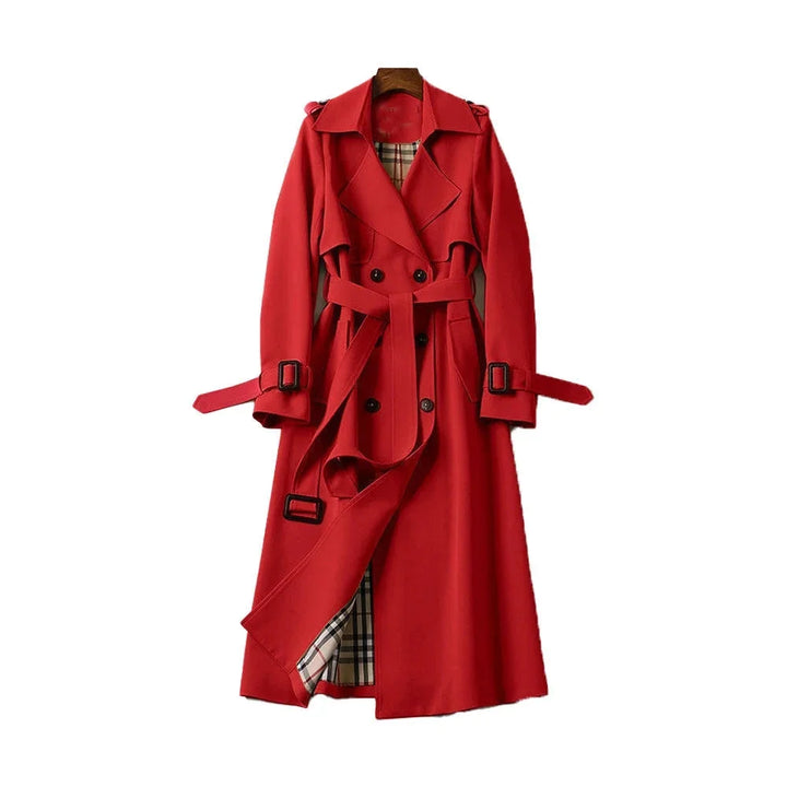 Long trench-style women’s coat with a belt and elegant notched collar for autumn