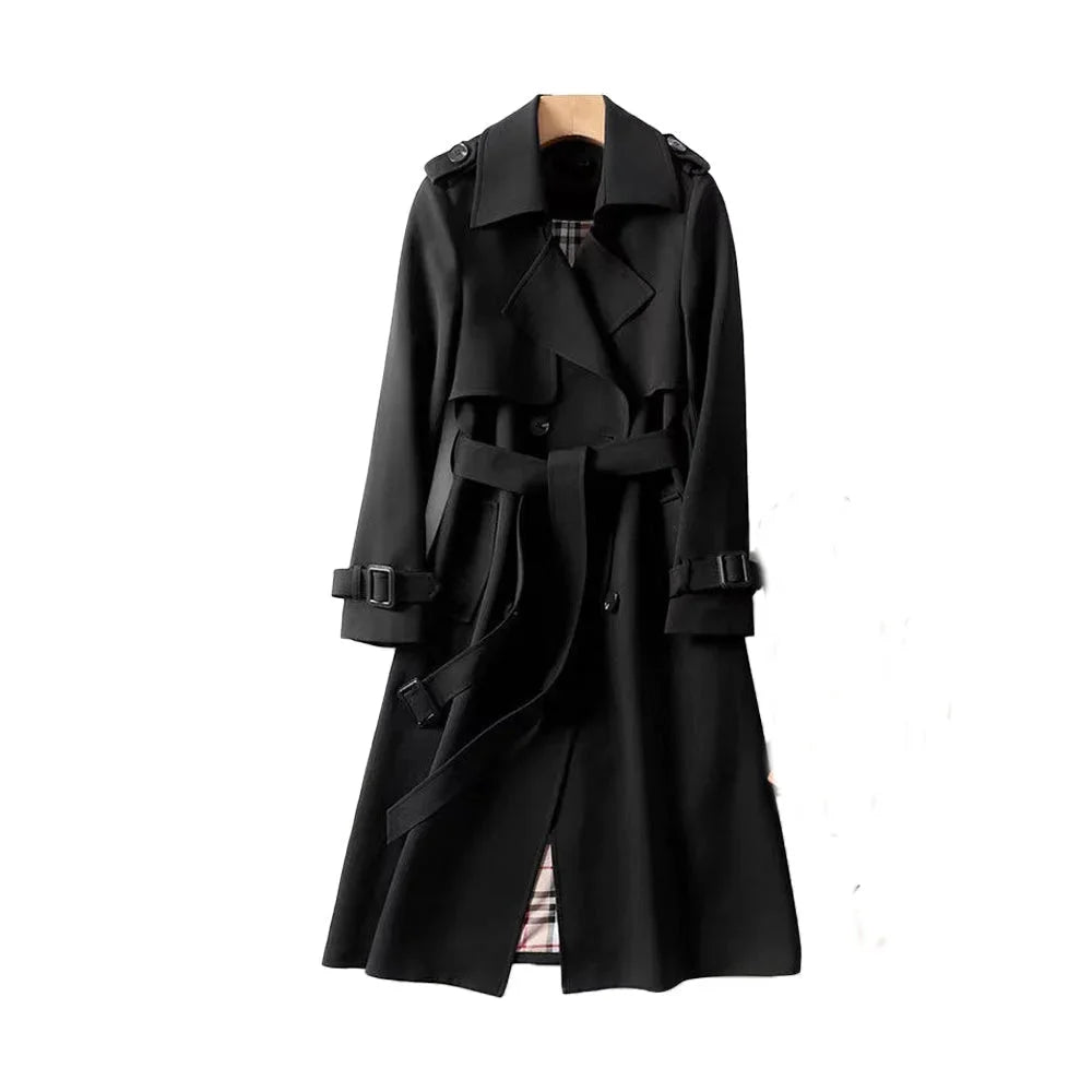Long trench-style women’s coat with a belt and elegant notched collar for autumn