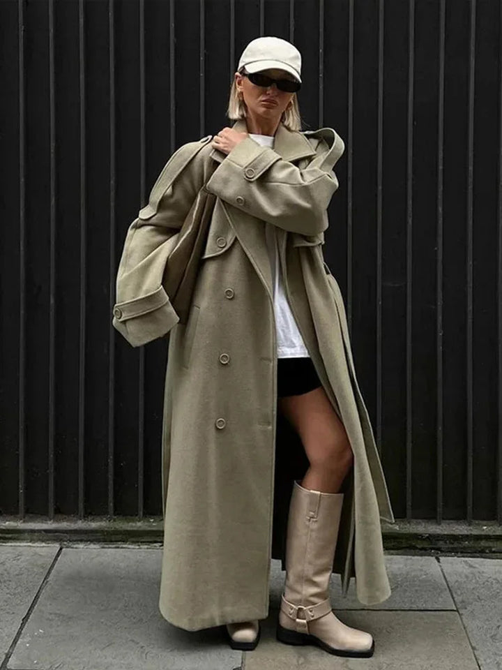Manteau long pour femme style trench à coupe ample et larges revers pour l’automne