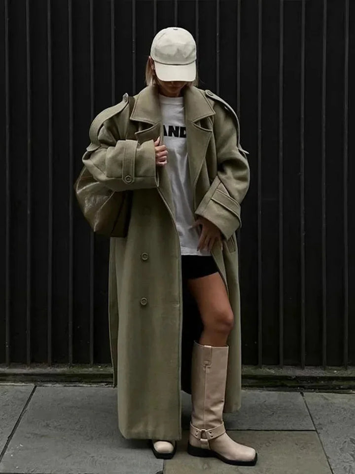 Manteau long pour femme style trench à coupe ample et larges revers pour l’automne