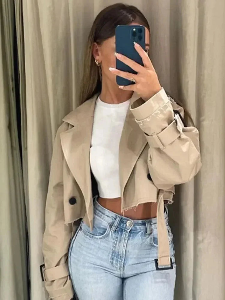 Manteau court pour femme style trench à manches longues élégant pour l’automne