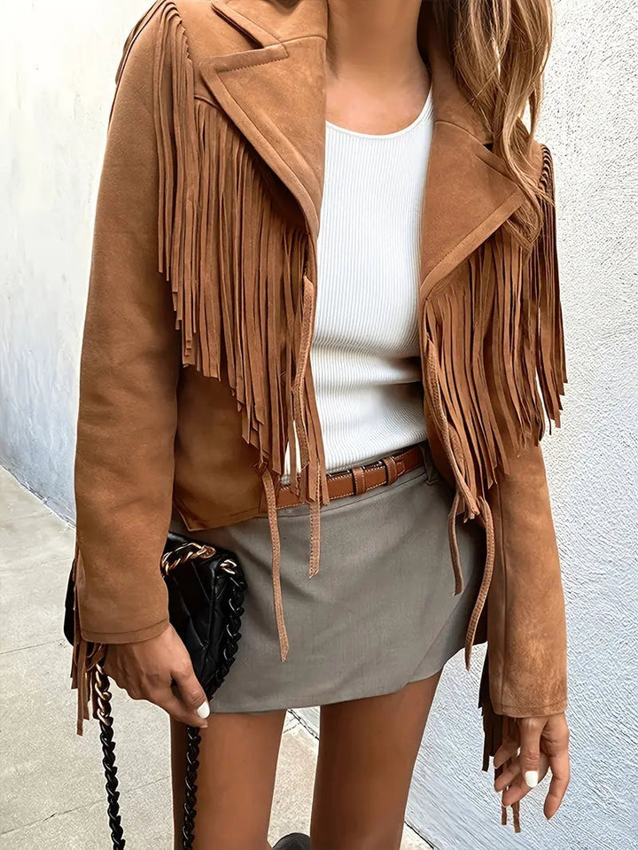 Women's short autumn-style fringed jacket in faux suede