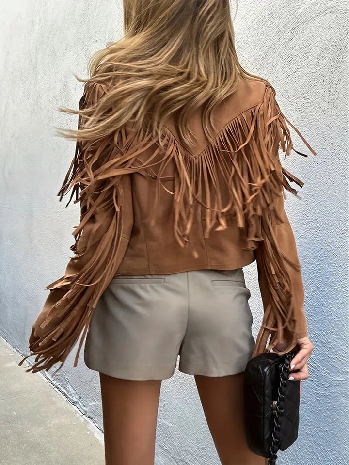 Women's short autumn-style fringed jacket in faux suede