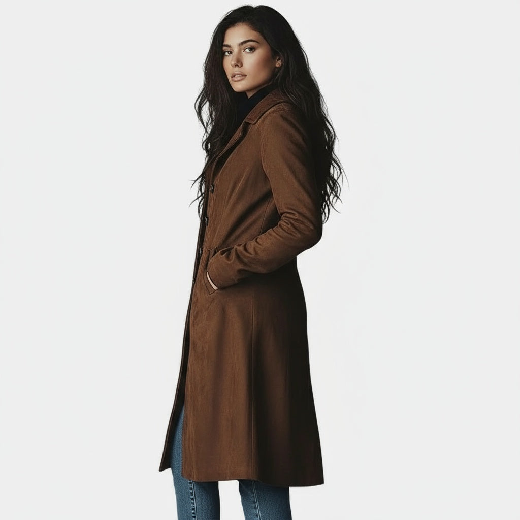 Manteau long femme en suédine, manteau élégant boutonné à col tailleur pour l'automne-hiver