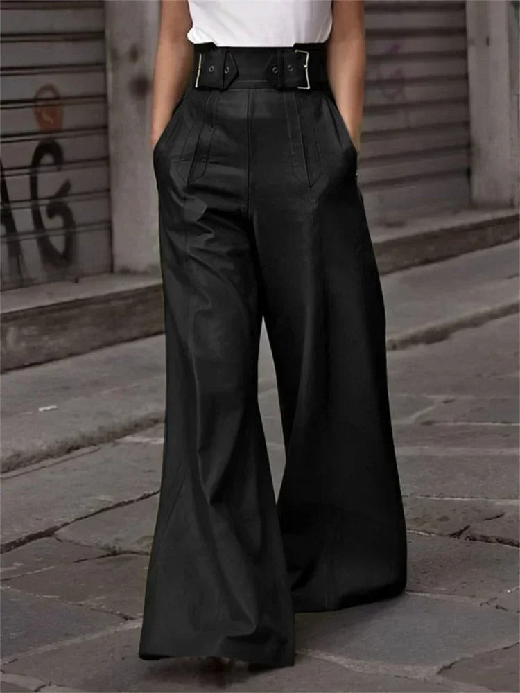 Elegant high-waisted wide-leg faux leather pants - Eleanor