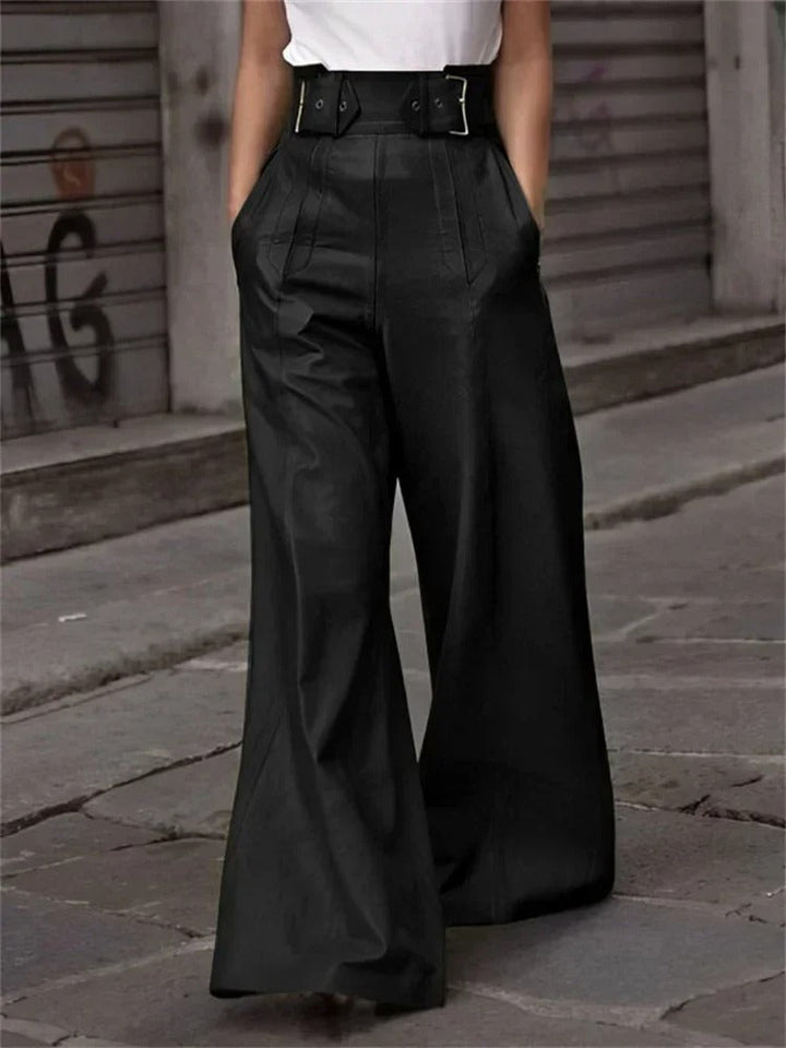 Elegant high-waisted wide-leg faux leather pants - Eleanor